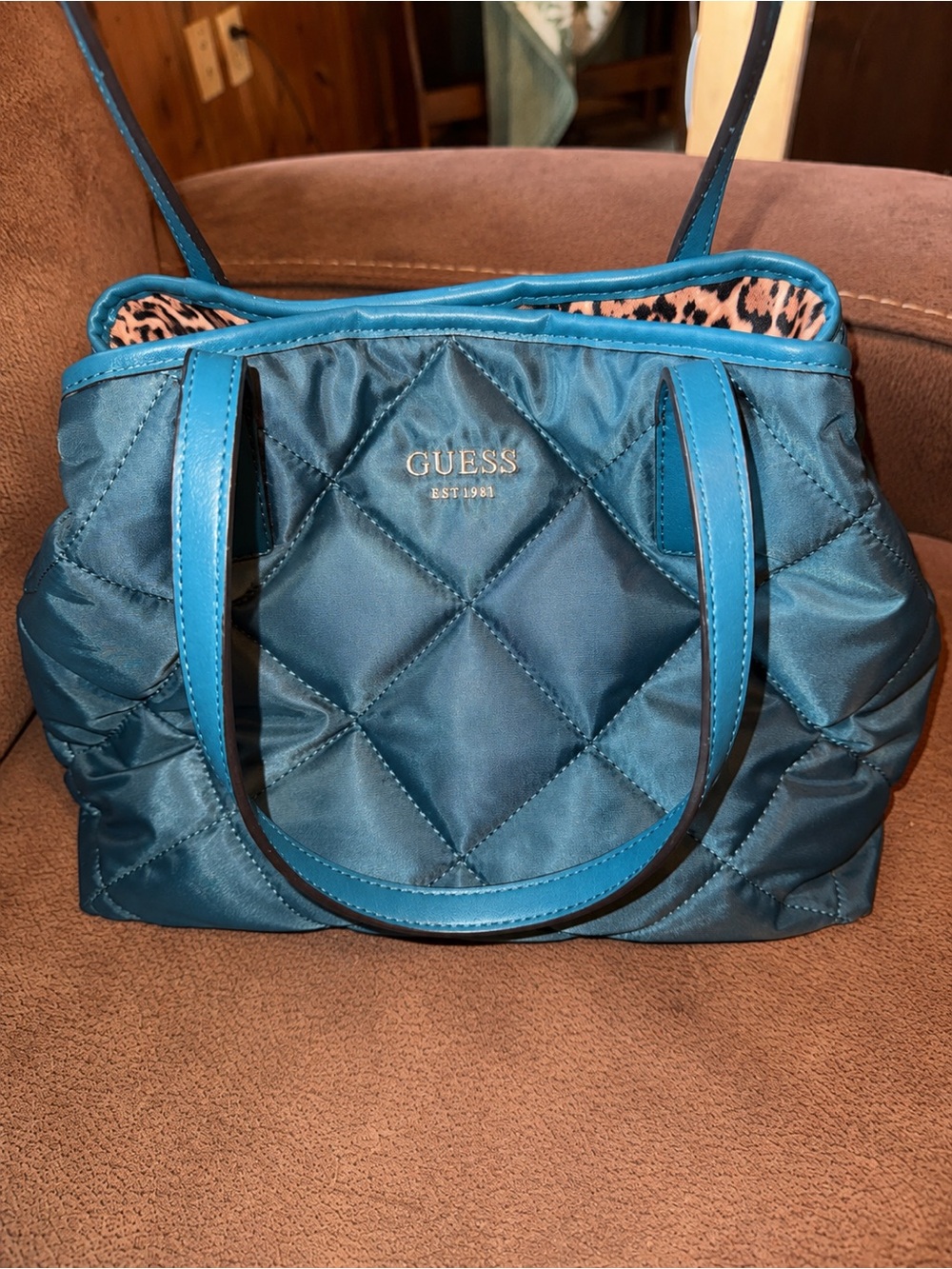 GUESS Teal Quilted Tote with Leopard Lining